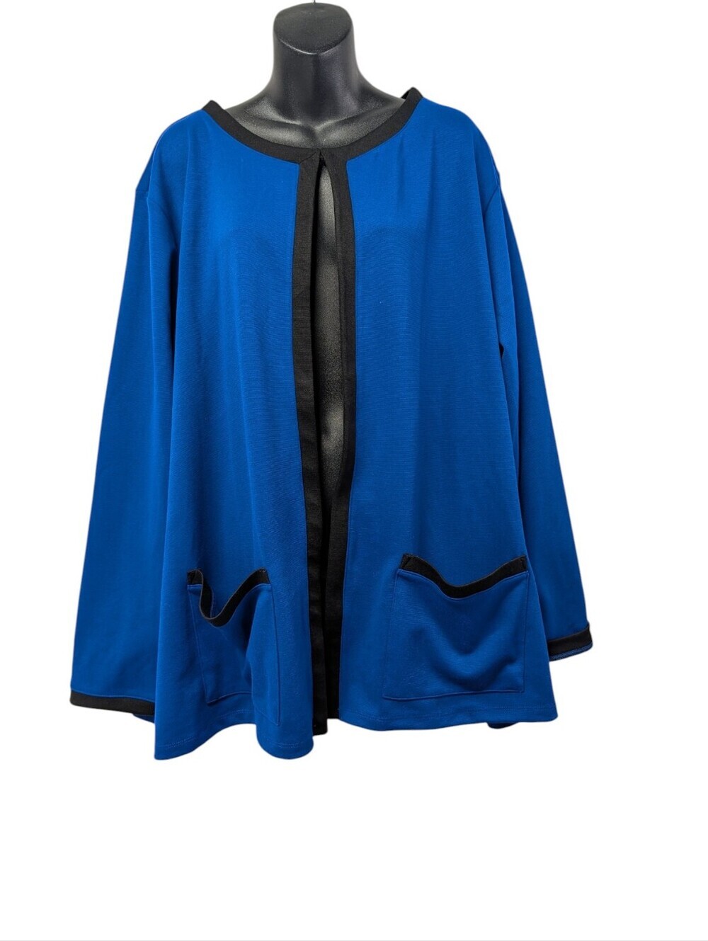 Catherines Black Label 3X Royal Blue Open Front Cardigan Jacket Black Trim